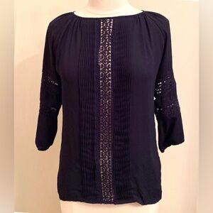 Catherine Malandrino Navy Blue Pleated Lace Trim Long Sleeve Career Top Size XS